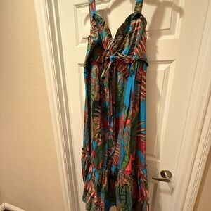 Farm Rio Maxi Dress Blue Tropical Print - Tie Front V-Neck Sustainable L pockets